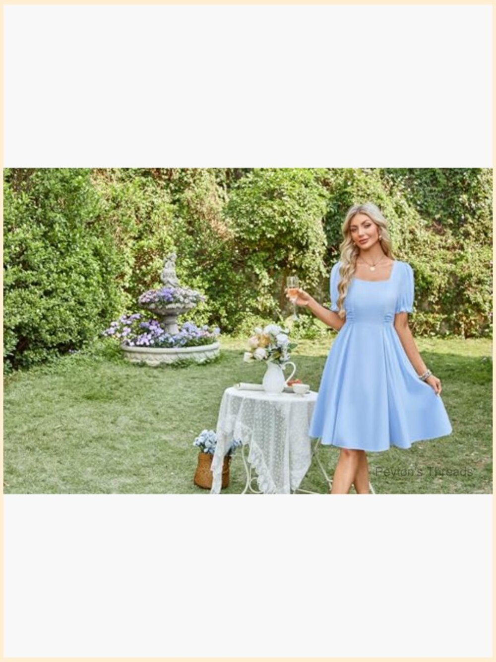 Vintage Square Neck Midi Dress with Puff Sleeves Ruched Waist Smocked Back - Picture 4 of 7